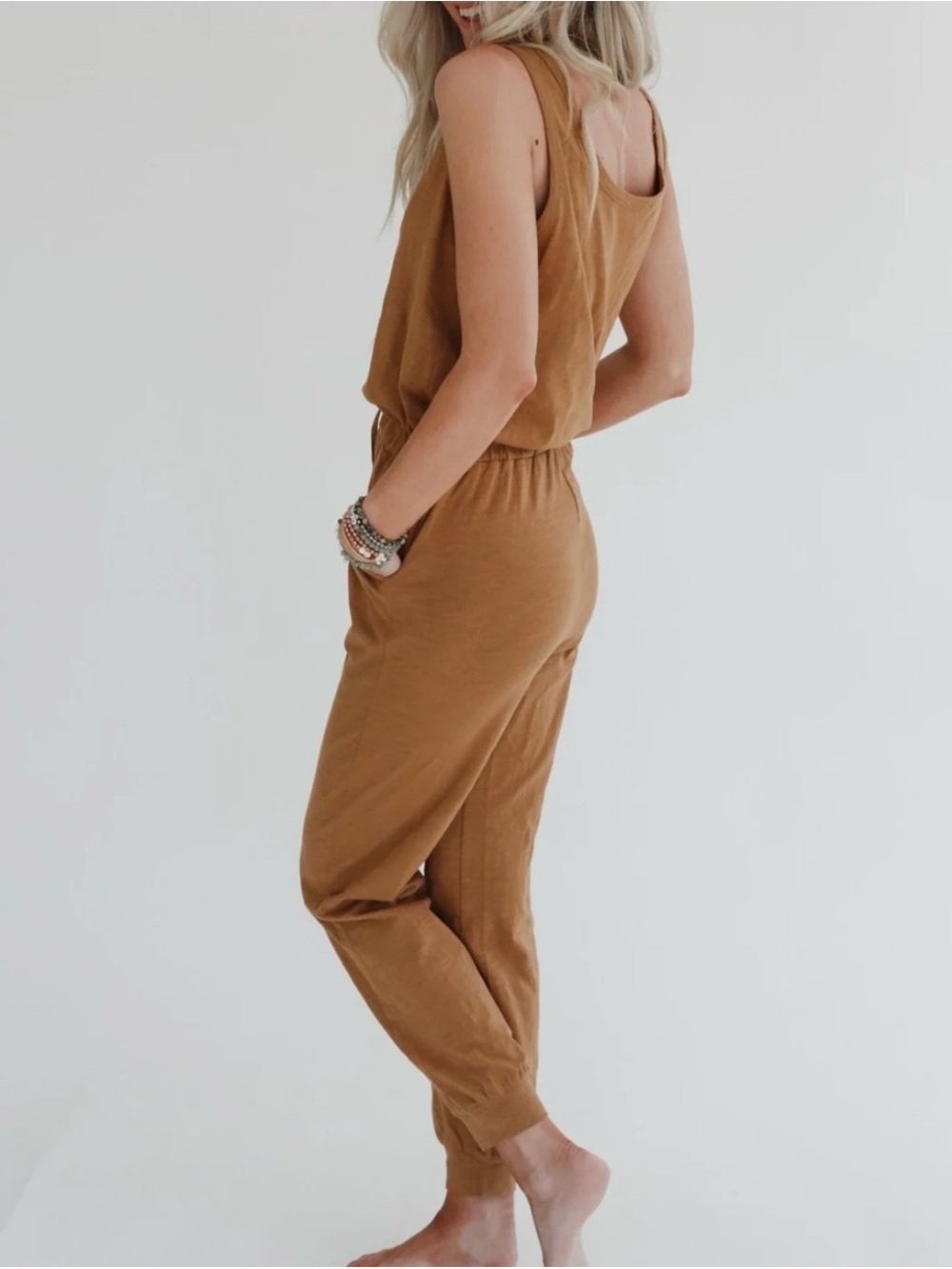 Three Bird Nest Breezy Back Knit Brown Jumpsuit Medium Boho Hippie Peasant Comfy - Picture 2 of 11